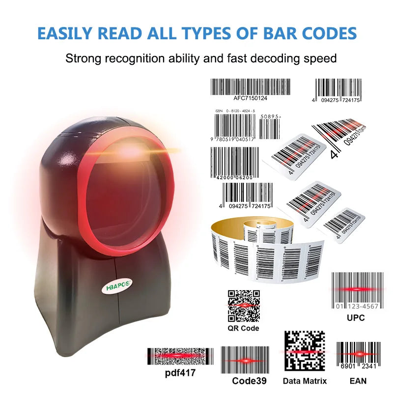 HBAPOS 2D Omnidirectional Barcode Scanner | Desktop, USB, 200/Sec