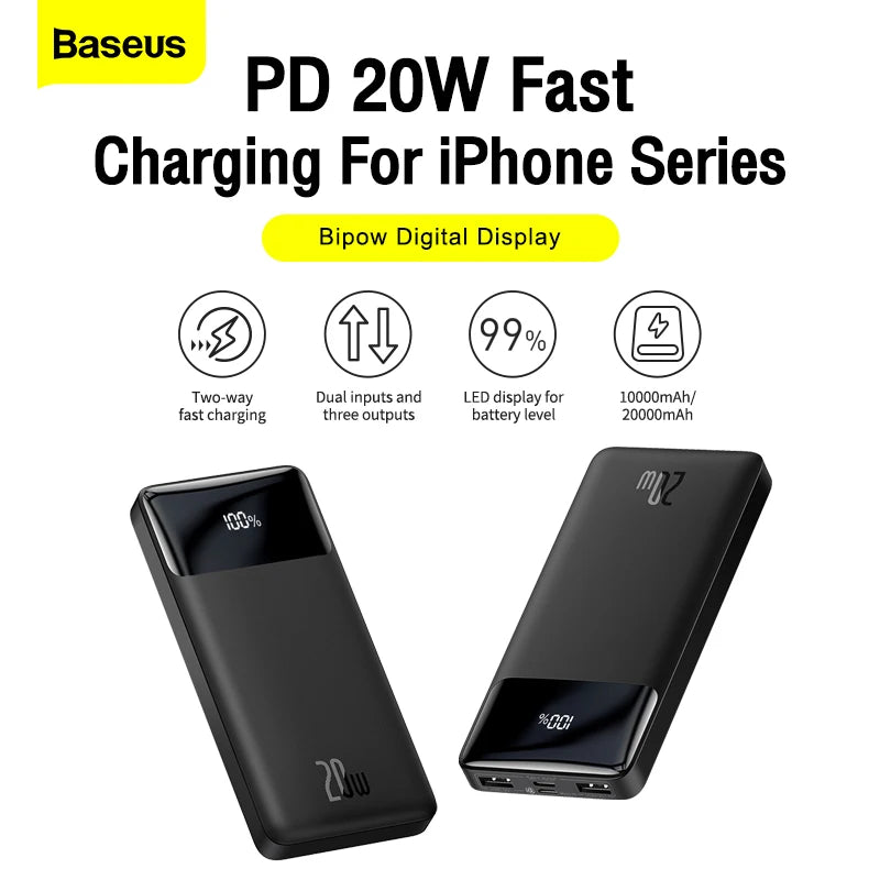 20000mAh Portable Power Bank | Dual USB, Type C, Li-Polymer, Plastic