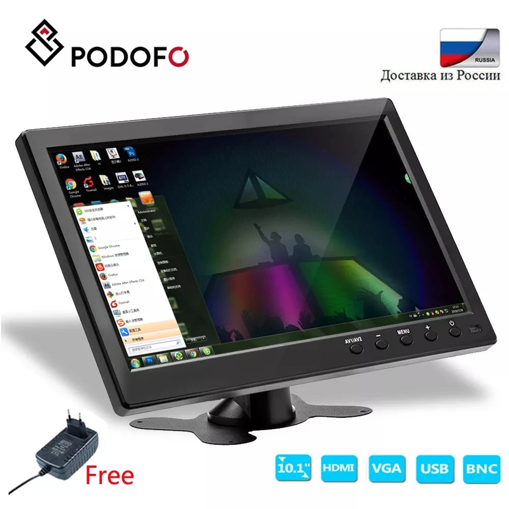 Podofo 10.1 inch LCD HD Monitor | 2-Channel, BNC/HDMI/VGA, Security
