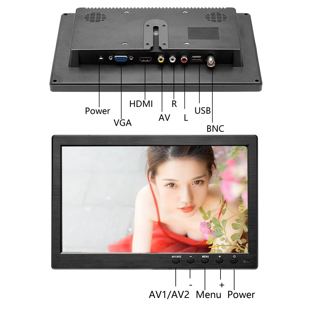 Podofo 10.1 inch LCD HD Monitor | 2-Channel, BNC/HDMI/VGA, Security