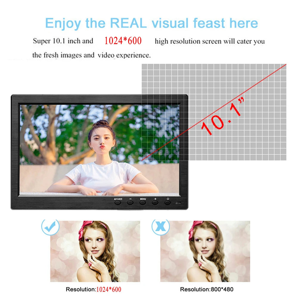Podofo 10.1 inch LCD HD Monitor | 2-Channel, BNC/HDMI/VGA, Security