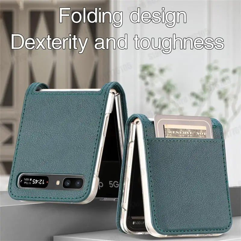 Leather Card Slot Case for Samsung Z Flip 5G | Kickstand, Anti-Fingerprint