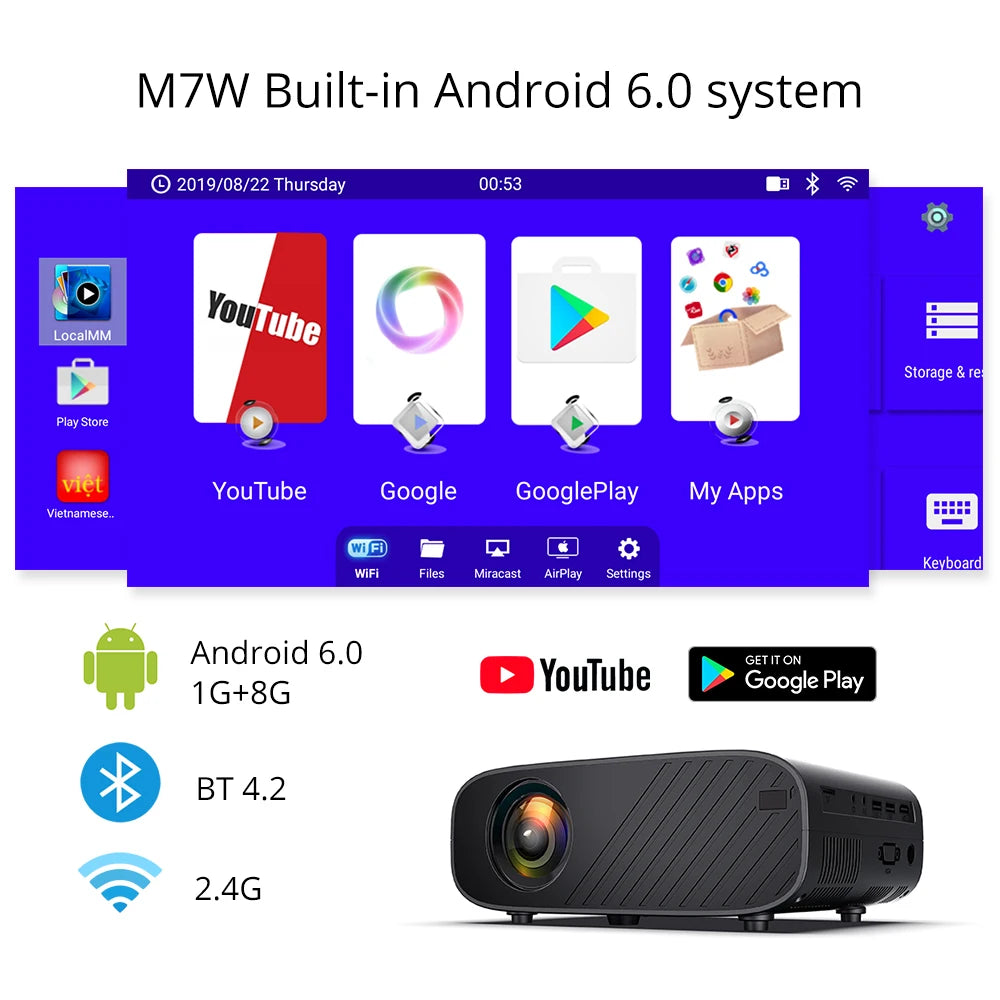 720P Portable LED Projector | Android, WiFi, Bluetooth, 2800 Lumens