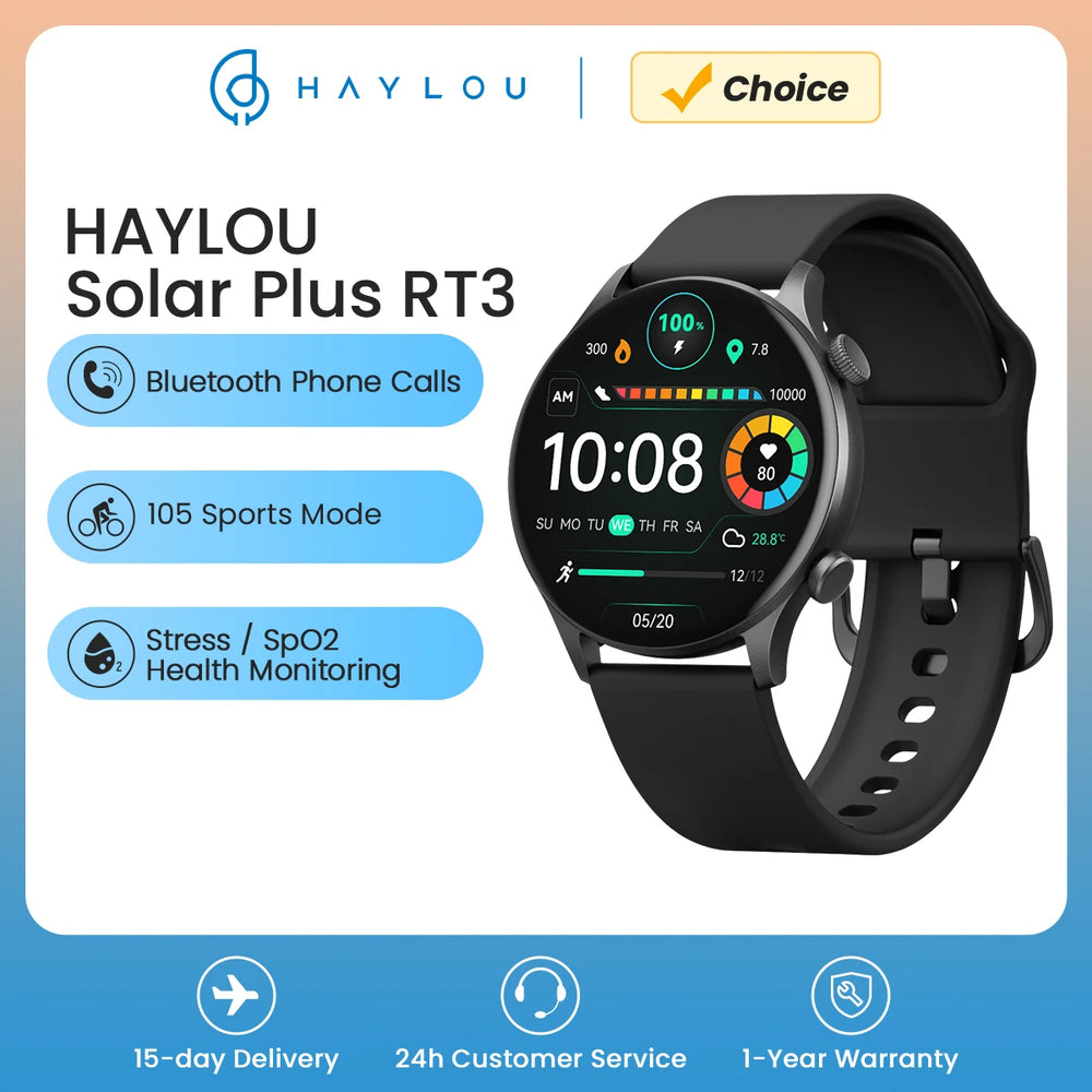 Solar Plus RT3 Smart Watch | Solar Charging, Fitness Tracker, Heart Rate
