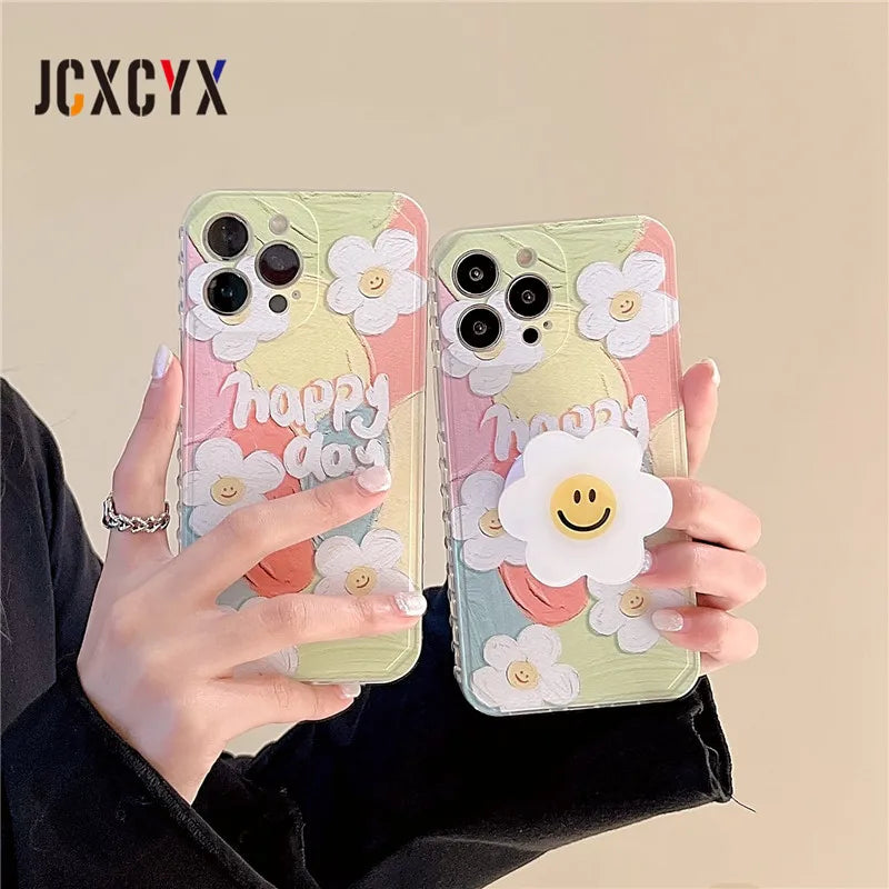 Cute Flower Oil Painting Soft Case | Dual Layer, Heavy Duty, Holder