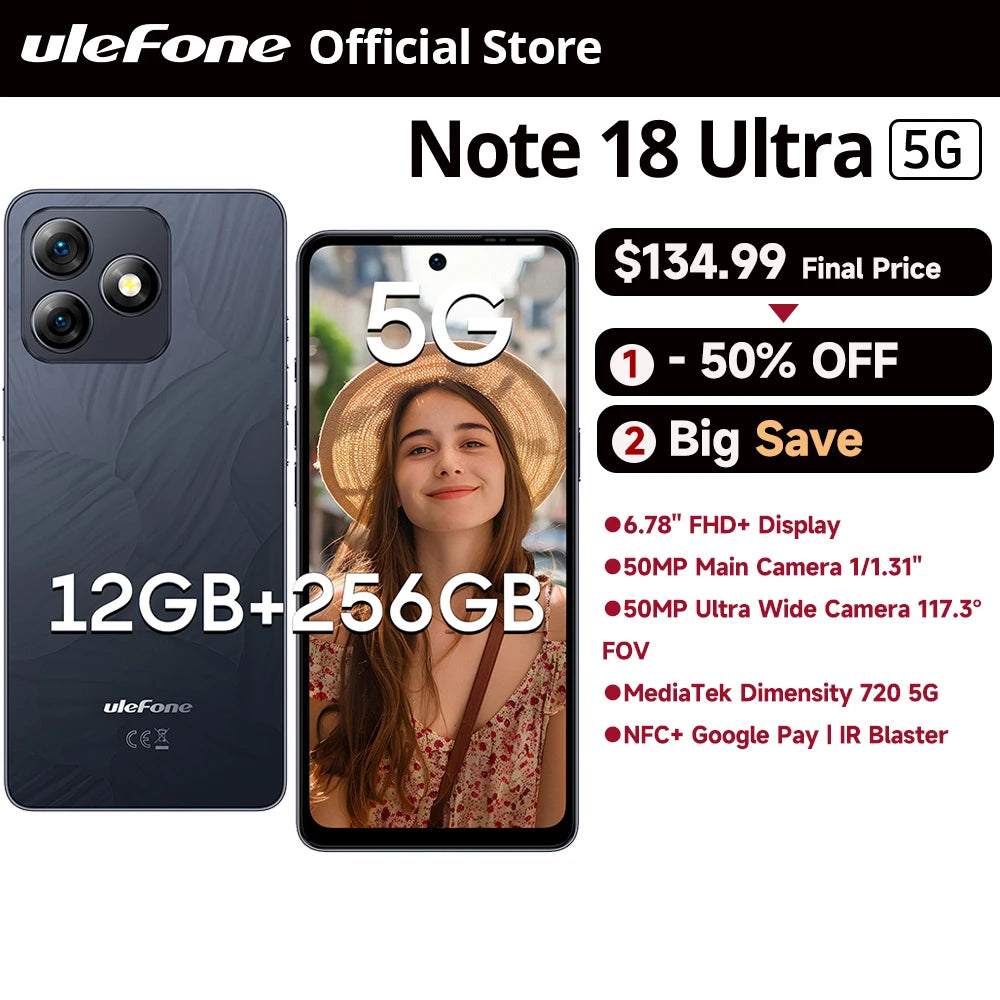 Ulefone Note 18 Ultra 5G Smartphone | 12GB RAM, 50MP Rear, 32MP Front, FHD+