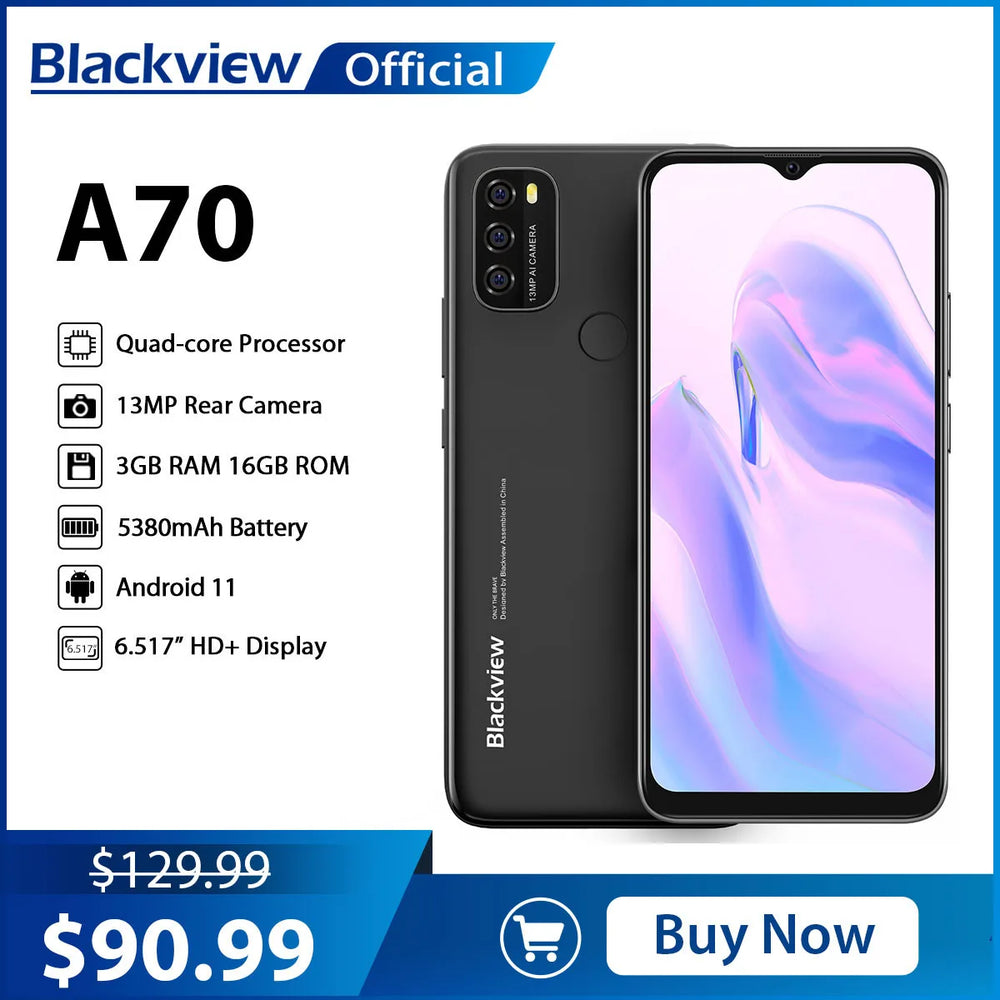 Blackview A70 Android 11 Smartphone | 6.517 inch, Octa Core, 3GB+32GB, 5380mAh
