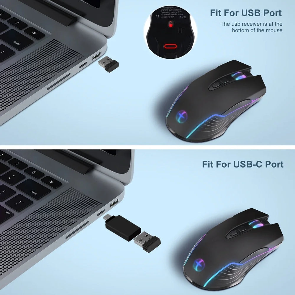 Adjustable Wireless Optical Mouse | 2.4GHz, 1600 DPI, 8 Buttons, Rechargeable
