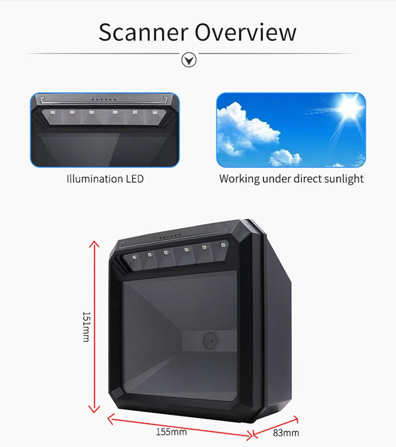 Handsfree 2D/1D Barcode Scanner | 200 Scans/Sec, USB/RS232