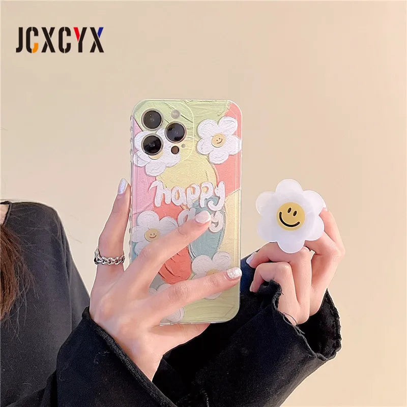 Cute Flower Oil Painting Soft Case | Dual Layer, Heavy Duty, Holder