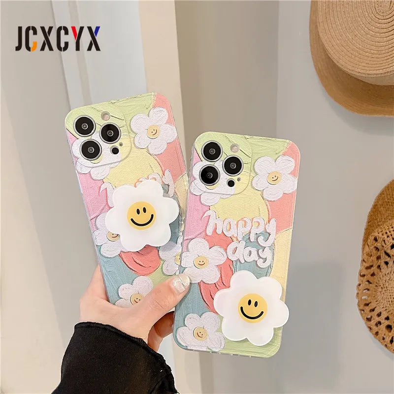 Cute Flower Oil Painting Soft Case | Dual Layer, Heavy Duty, Holder